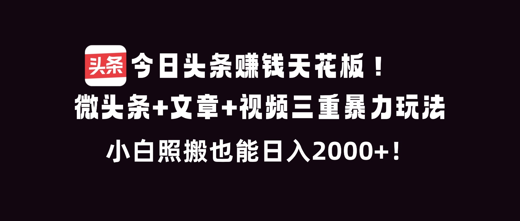 （16888期）今日头条赚钱天花板！微头条+文章+视频三重暴利玩法，小白照搬也能日人2000+-九节课