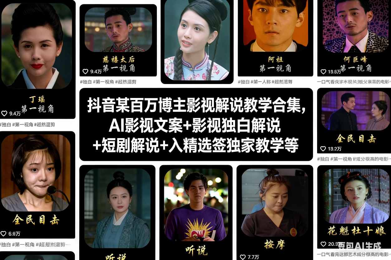 抖音某百万博主影视解说教学合集，AI影视文案+影视独白解说+短剧解说+入精选签独家教学等-九节课