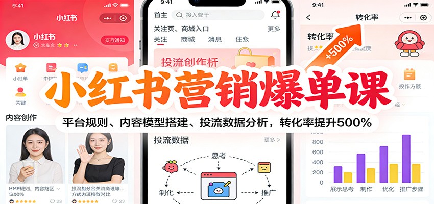 小红书营销爆单课：平台规则、内容模型搭建、投流数据分析，转化率提升500%-九节课