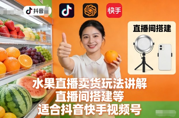 水果直播卖货玩法讲解、直播间搭建等，适合抖音快手视频号-九节课