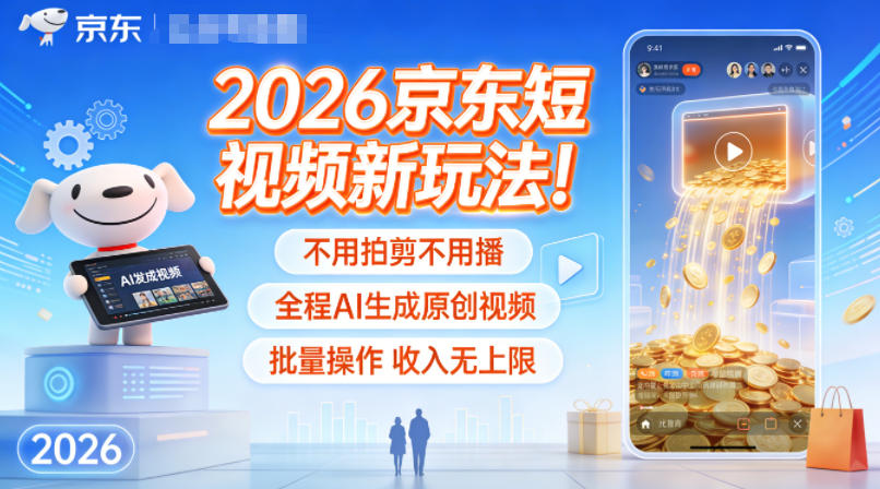 2026京东短视频新玩法！不用拍剪不用播，全程AI生成原创视频，批量操作收入无上限-九节课