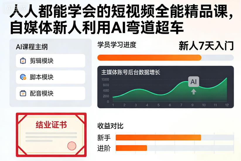 人人都能学会的短视频全能精品课,自媒体新人利用AI弯道超车-九节课