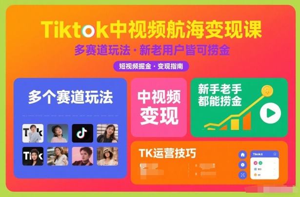 Tiktok中视频航海变现课，多个赛道玩法，新手老手都能在TK中视频捞金-九节课