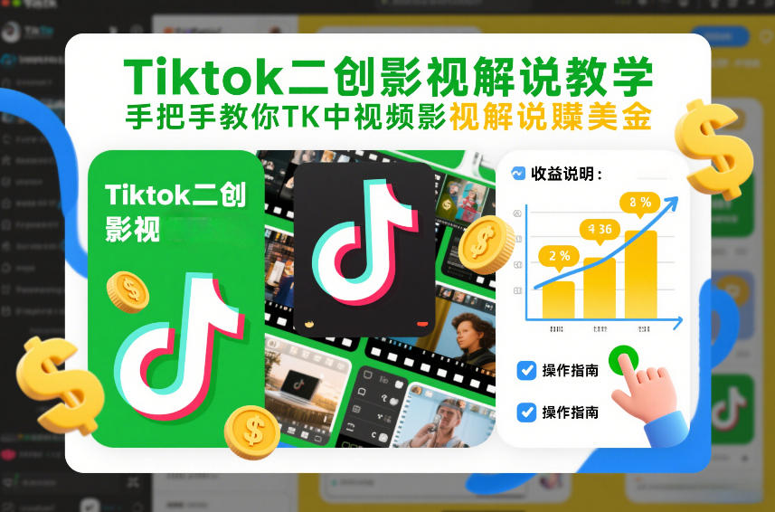 Tiktok二创影视解说教学，手把手教你TK中视频影视解说賺美金（更新26年1月）-九节课