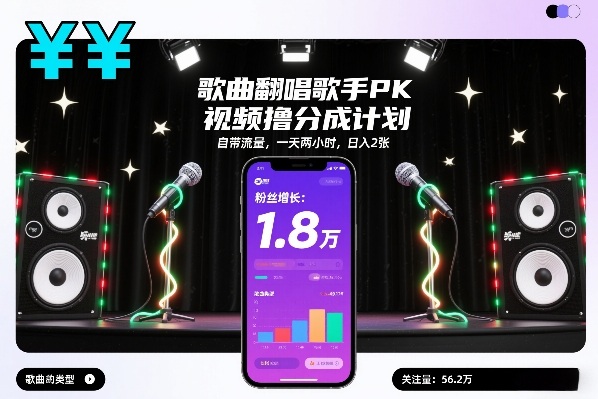 歌曲翻唱歌手PK视频撸分成计划，自带流量，一天两小时，日入2张-九节课