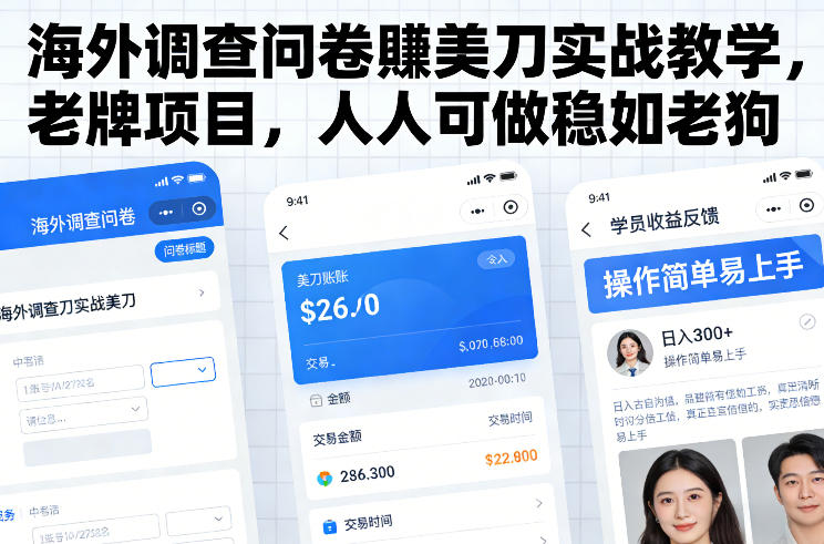 海外调查问卷賺美刀实战教学，老牌项目，人人可做稳如老狗-九节课