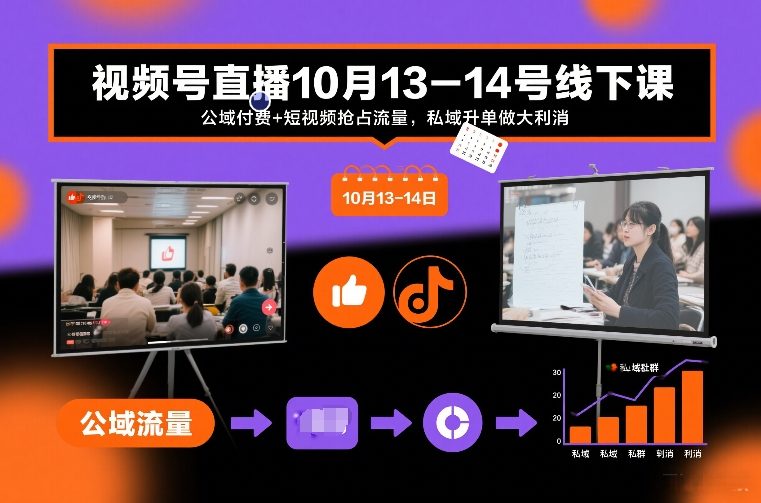 视频号直播10月13-14号线下课，公域付费+短视频抢占流量，私域升单做大利消-九节课