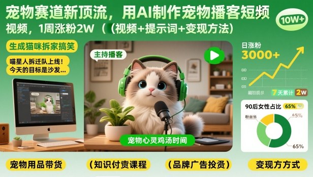 宠物赛道新顶流，用AI制作宠物播客短视频，1周涨粉2W（视频+提示词+变现方法）-九节课