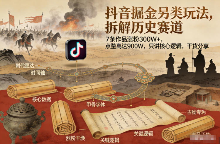 抖音掘金另类玩法，拆解历史赛道，7条作品涨粉300W+，点赞量高达900W，只讲核心逻辑，干货分享-九节课