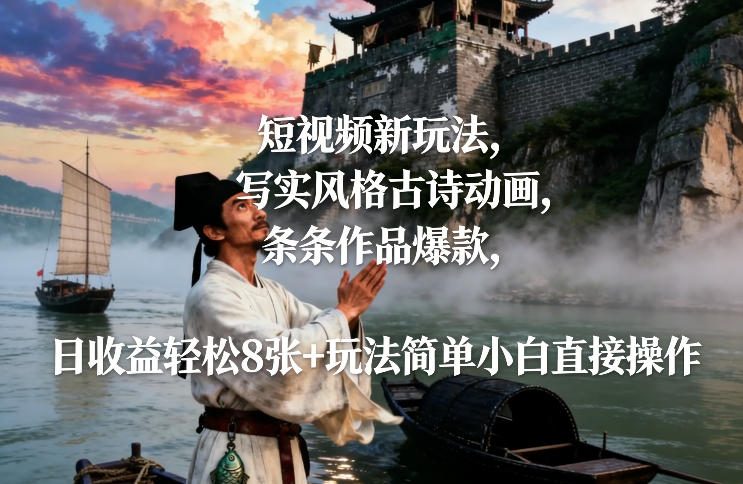 短视频新玩法，写实风格古诗动画，条条作品爆款，日收益轻松8张+玩法简单小白直接操作-九节课