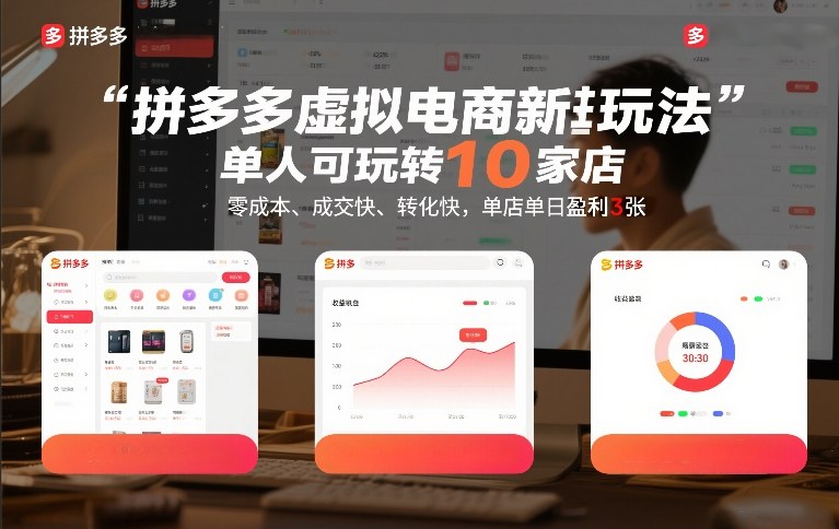 拼多多虚拟电商新玩法，单人可玩转10家店，零成本、成交快、转化快，单店单日盈利3张【揭秘】-九节课