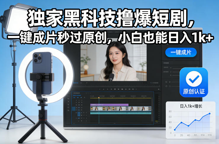 独家黑科技撸爆短剧，一键成片秒过原创，小白也能日入1k+【揭秘】-九节课