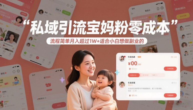 私域引流宝妈粉零成本流程简单月入超过1W+适合小白想做副业的-九节课