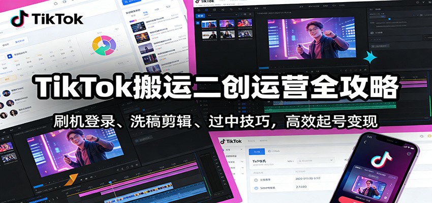 TikTok搬运二创运营全攻略:刷机登录、洗稿剪辑 、过中技巧,高效起号变现-九节课