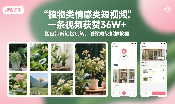 植物类情感类短视频，一条视频获赞36W+，橱窗带货轻松玩转，附保姆级拆解教程-九节课