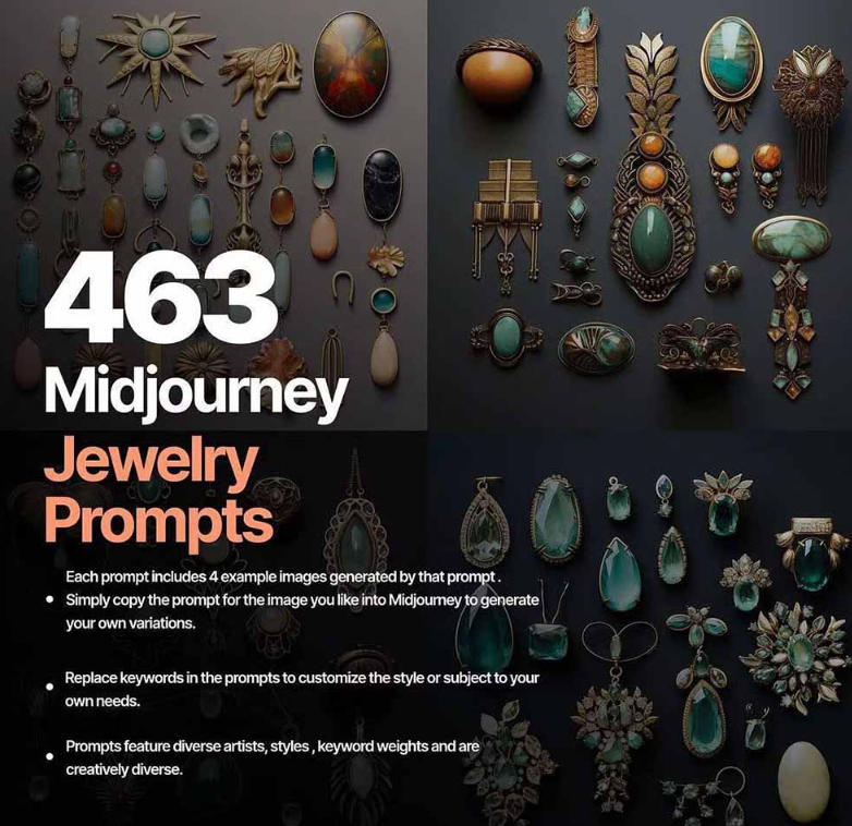 图片[2]-460+专业Midjourney珠宝摄影AI提示词戒指，项链-耳环-手链-宝石等，立即开始创作珠宝艺术-九节课