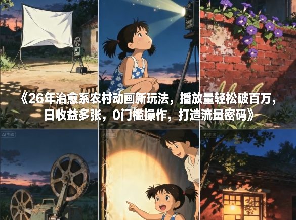 26年治愈系农村动画新玩法，播放量轻松破百万，日收益多张，0门槛操作，打造流量密码-九节课
