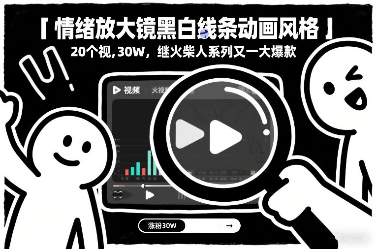 情绪放大镜黑白线条动画风格，20个视频，涨粉30W，继火柴人系列又一大爆款-九节课