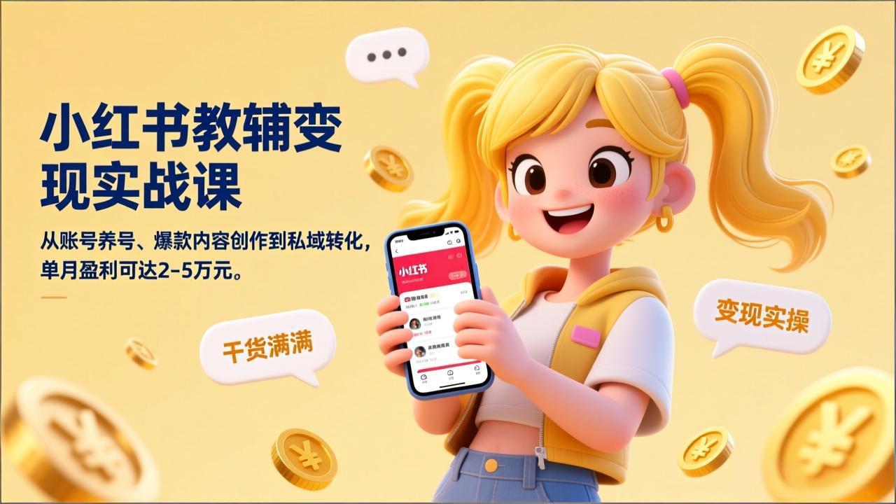 （17334期）小红书教辅变现实战课，从账号养号、爆款内容创作到私域转化，单月盈利可达2-5万元-九节课
