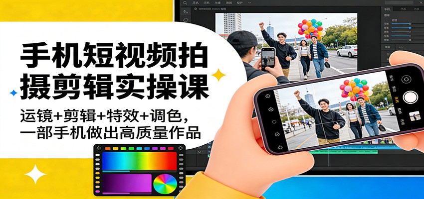 手机短视频拍摄剪辑实操课：运镜+剪辑+特效+调色，一部手机做出高质量作品-九节课