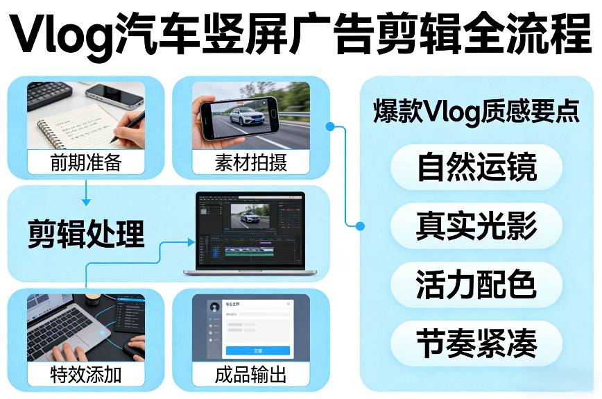 Vlog感觉汽车竖屏广告剪辑脚本全流程，拿捏爆款Vlog质感-九节课