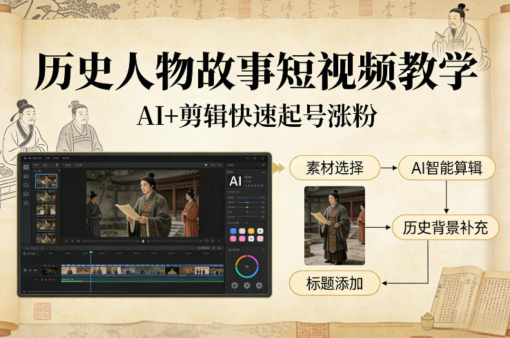 历史人物故事短视频教学，AI+剪辑制作历史人物题材短视频，快速起号涨粉-九节课