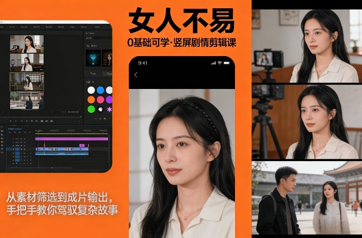 0基础可学!《女人不易》竖屏剧情剪辑课,从素材筛选到成片输出,手把手教你驾驭复杂故事-九节课