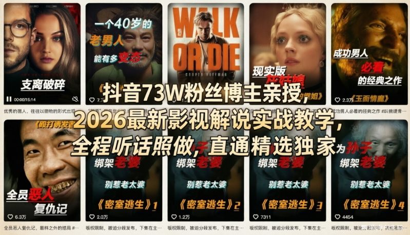 抖音73W粉丝博主亲授，2026最新影视解说实战教学，全程听话照做，直通精选独家-九节课