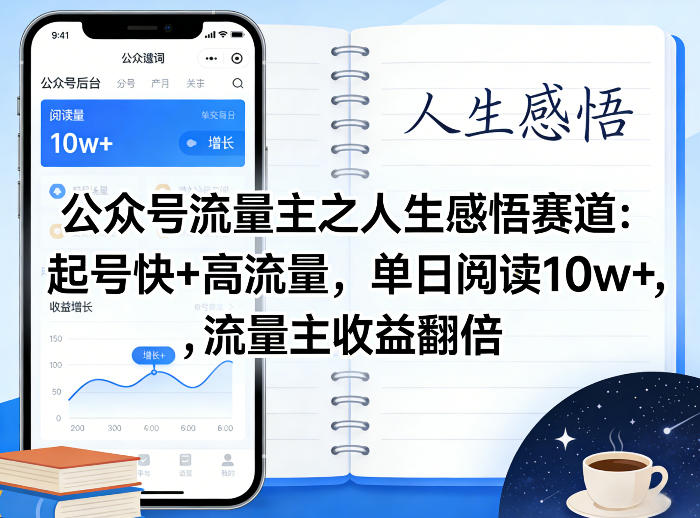 公众号流量主之人生感悟赛道，起号快+高流量，单日阅读10w+，流量主收益翻倍-九节课