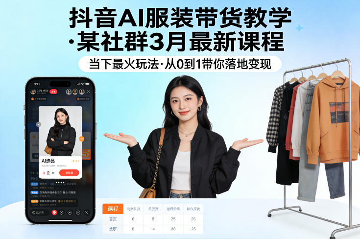 抖音AI服装带货教学，某社群3月最新课程，当下最火玩法，从0到1带你落地变现-九节课