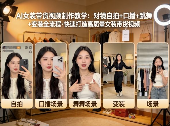 AI女装带货视频制作教学，对镜自拍、口播、跳舞、变装全流程，快速打造高质量女装带货视频-九节课