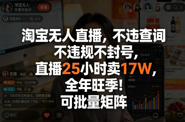 淘宝无人直播，不违规不封号，直播25小时卖17W，全年旺季！可批量矩阵【揭秘】-九节课