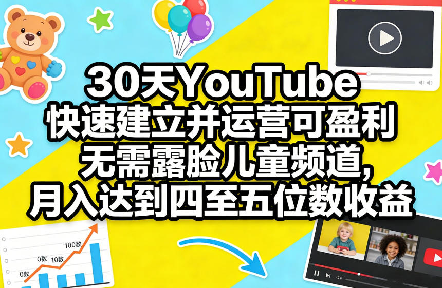 30天YouTube快速建立并运营可盈利无需露脸儿童频道，月入达到四至五位数收益-九节课
