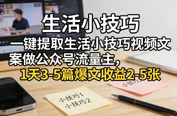 一键提取生活小技巧视频文案做公众号流量主，1天3-5篇爆文收益2-5张-九节课