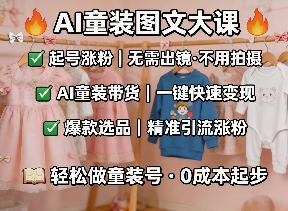 AI童装图文剪辑，某社群童装图文大课，起号涨粉、AI童装带货、爆款选品，无需出镜和拍摄-九节课