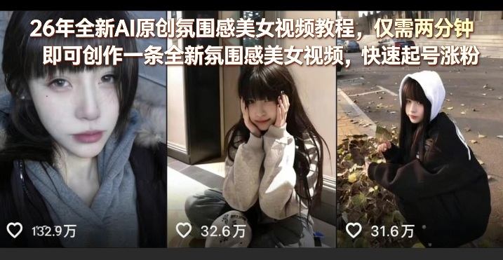 26年全新AI原创氛围感美女视频教程，仅需两分钟即可创作一条全新氛围感美女视频，快速起号涨粉-九节课