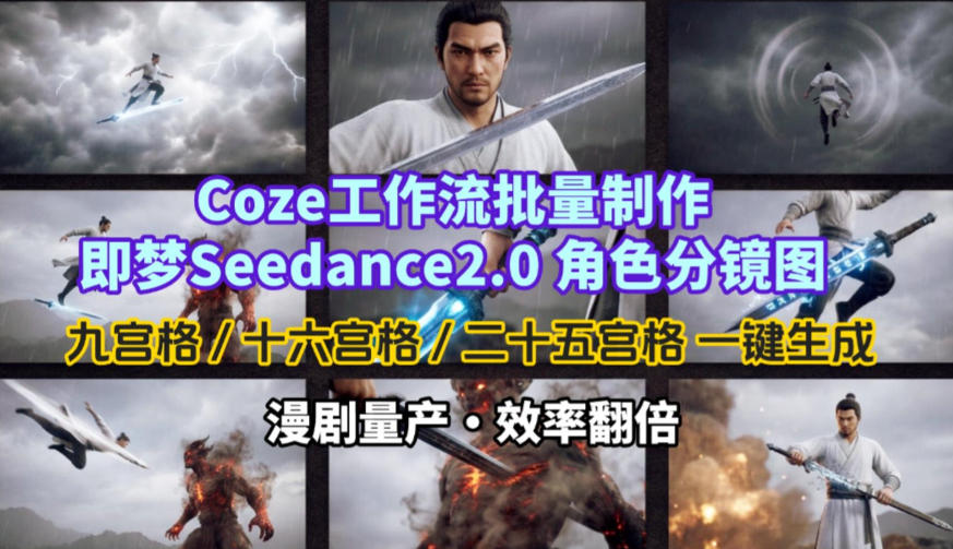Coze工作流批量制作即梦Seedance2.0角色分镜图,九宫格-十六宫格-二十五宫格一键生成,漫剧量产,效率翻倍-九节课