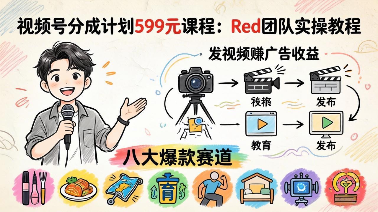 （18088期）视频号分成计划599元课程：Red团队实操教程，发视频赚广告收益，八大爆款赛道全掌握-九节课