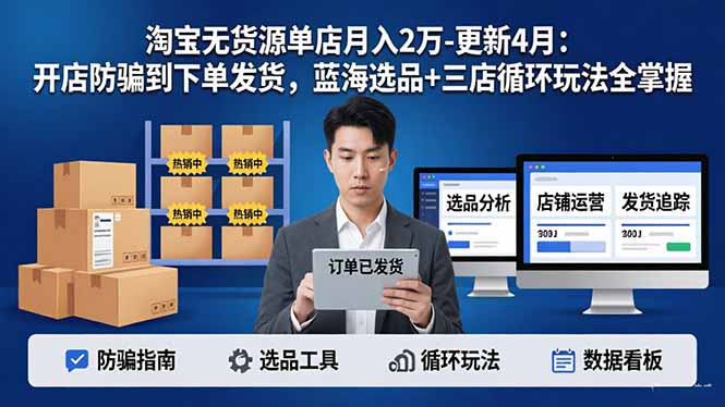 (17988期)淘宝无货源单店月入2万-更新4月:开店防骗到下单发货,蓝海选品+三店循环玩法全掌握-九节课