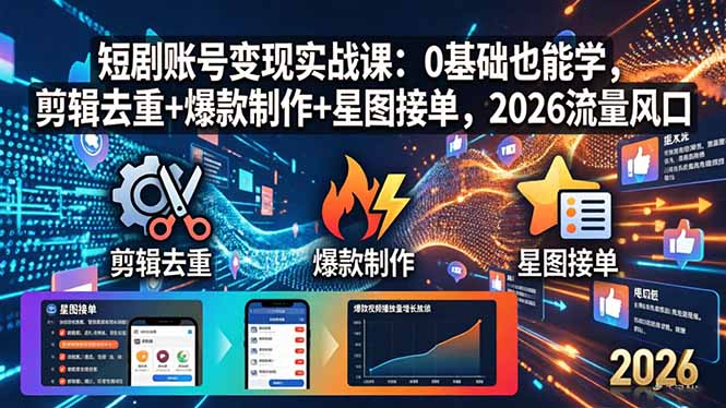 （18160期）短剧账号变现实战课：0基础也能学，剪辑去重+爆款制作+星图接单，2026流量风口-九节课