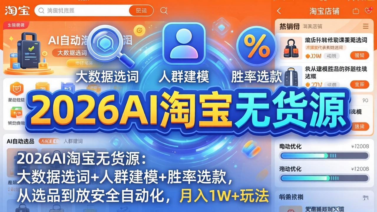 （18110期）2026AI淘宝无货源-4月19更新：大数据选词+人群建模+胜率选款，从选品到放大全自动化，月入1W+-九节课