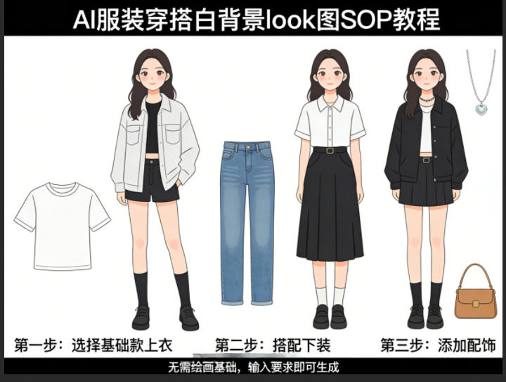 AI服装穿搭白背景look图SOP教程，不用会画画，提几句具体要求，AI就能还你一个奇迹-九节课
