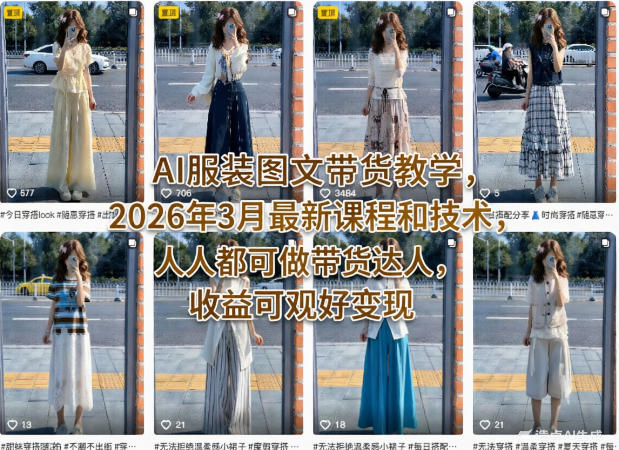 AI服装图文带货教学，2026年3月最新课程和技术，人人都可做带货达人，收益可观好变现-九节课