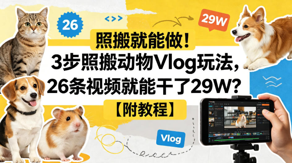 照搬就能做！3步照搬动物Vlog玩法，26条视频就能干了29W？【附教程】【赠coze一键生成工作流】-九节课