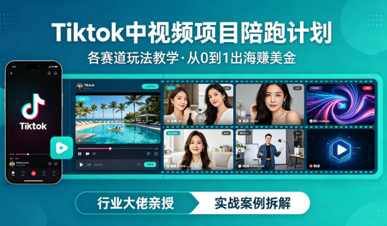 某大佬的Tiktok中视频项目陪跑，涵盖TK各个赛道玩法教学，从0到1出海賺美金-九节课