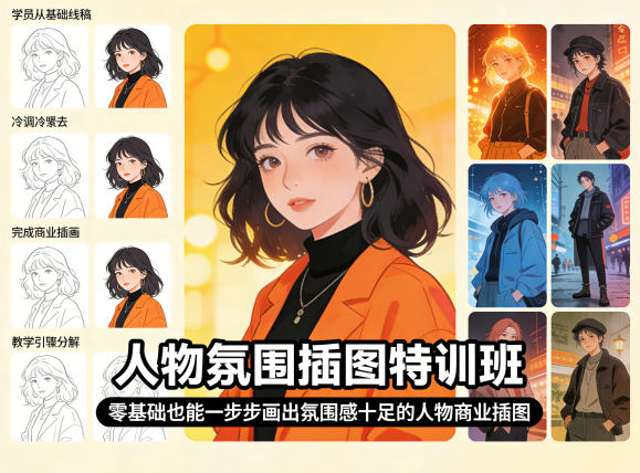 人物氛围插图特训班，零基础也能一步步画出氛围感十足的人物商业插图-九节课
