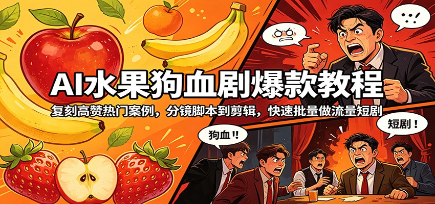 AI水果狗血剧爆款教程：复刻高赞热门案例，分镜脚本到剪辑，快速批量做流量短剧-九节课