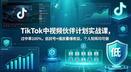 TikTok中视频伙伴计划实战课，过中率100%，低封号+播放量賺收益，个人矩阵均可做-九节课