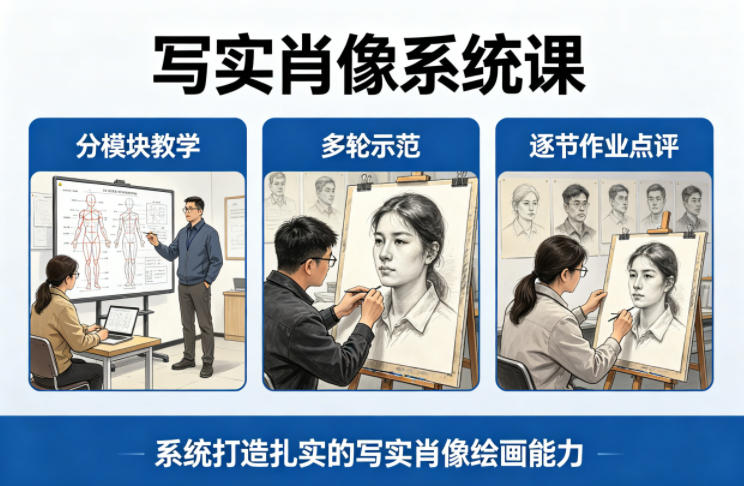 写实肖像系统课，全程分模块教学+多轮示范+逐节作业点评，系统打造扎实的写实肖像绘画能力-九节课