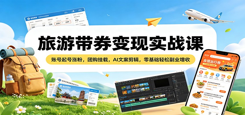 旅游带券变现实战课：账号起号涨粉，团购挂载，AI文案剪辑，零基础轻松副业增收-九节课